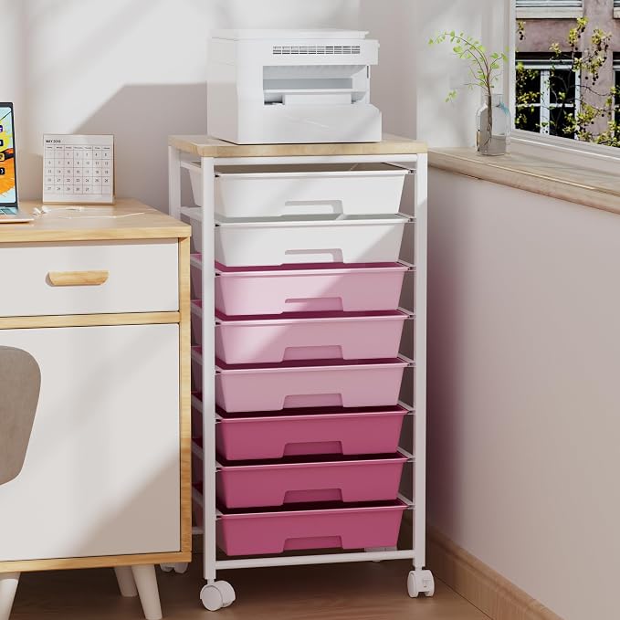 Rolling Cart with 8 Drawers, Storage Drawers Cart with Wooden Tabletop and Lockable Wheels, Craft Storage for Living Room, Office, Classroom, Craft Room, Bedroom