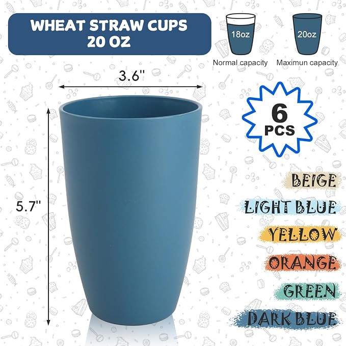 Wheat Straw Cups Set of 6, Unbreakable 20 OZ Reusable Cups, Alternative Plastic Drinking Glasses, Lightweight Tumbler for Kitchen Outdoor, Dishwasher Safe Tumblers & Water Glasses, Multi