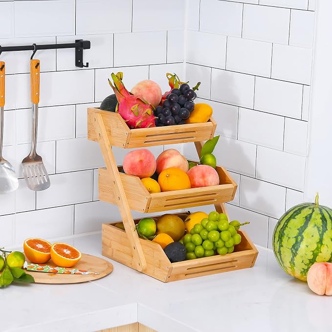 VIKEYHOME Fruit Basket, 3 Tier Bamboo Fruit Bowl for Kitchen, Stand Storage Holder, Heavy Duty/Large Capacity for Fruit, Vegetables Countertop Organizer
