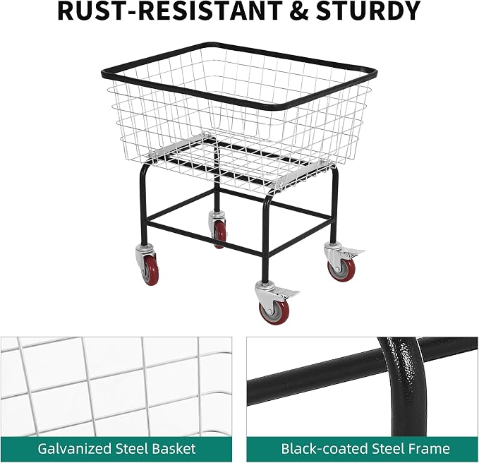 Wire Laundry Cart with Wheels, 2.5 Bushel Rolling Laundry Basket, Commercial Basket Carts for Laundry Room, Hotel, Home, Apartment Use, Durable Steel Frame with Galvanized Finish, 5" Casters