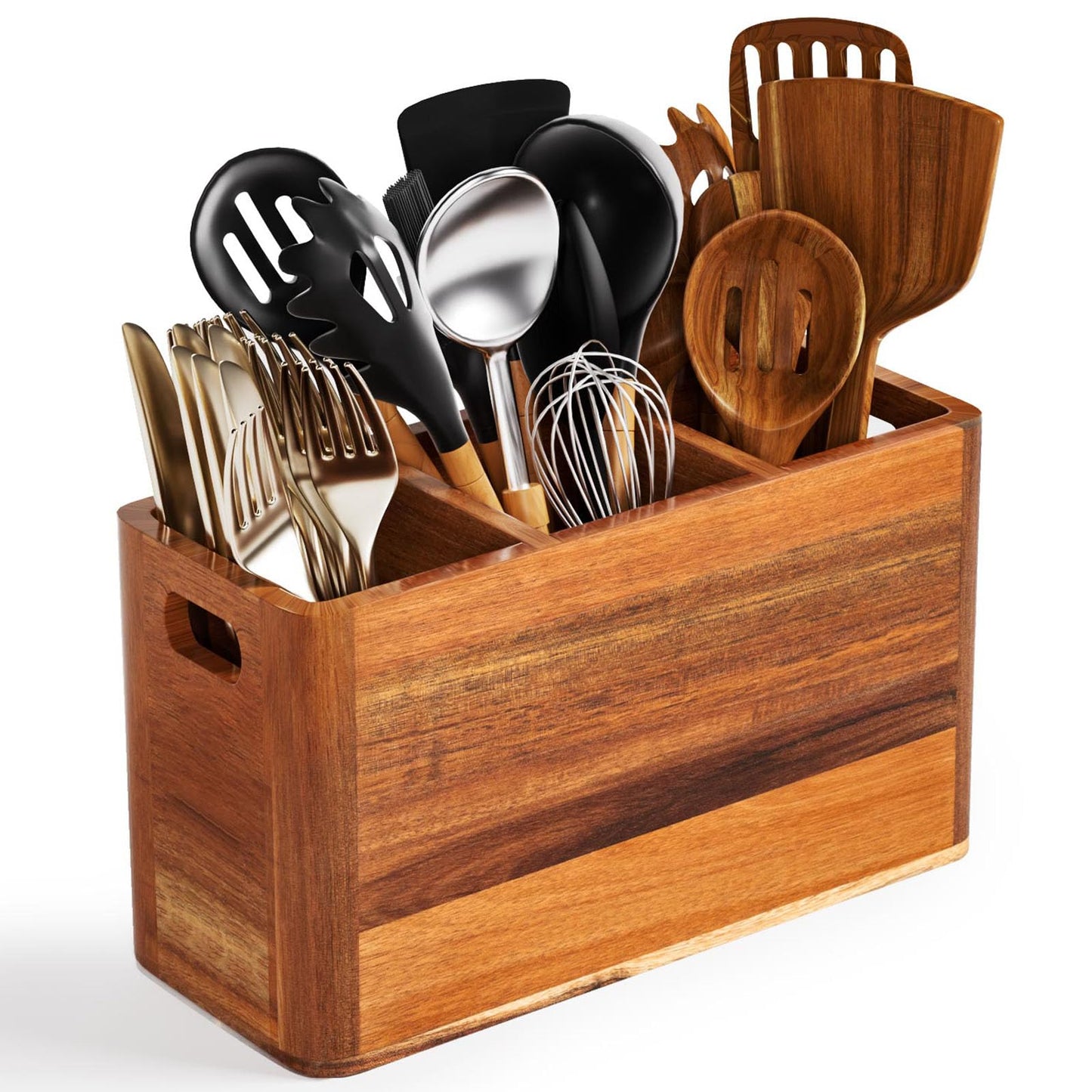 Wooden Utensil Holder for Kitchen Counter or Wall, Large Utensil Holder with 3 Compartment, Acacia Wood Kitchen Utensil Organizer for Storage Spoons & Spatulas, Fall Farmhouse Utensil Crock Container