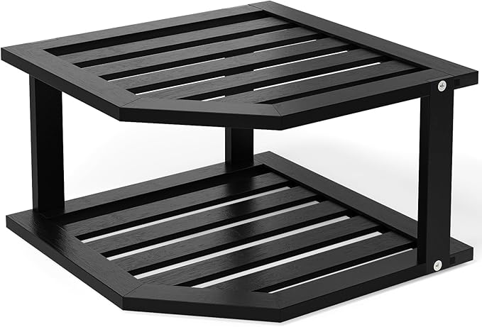 VERTORGAN Bamboo Corner Shelf,2 Tier Plate Organizer for Cabinet and Countertop,Pantry Dish and Spice Rack for Kitchen（Black）