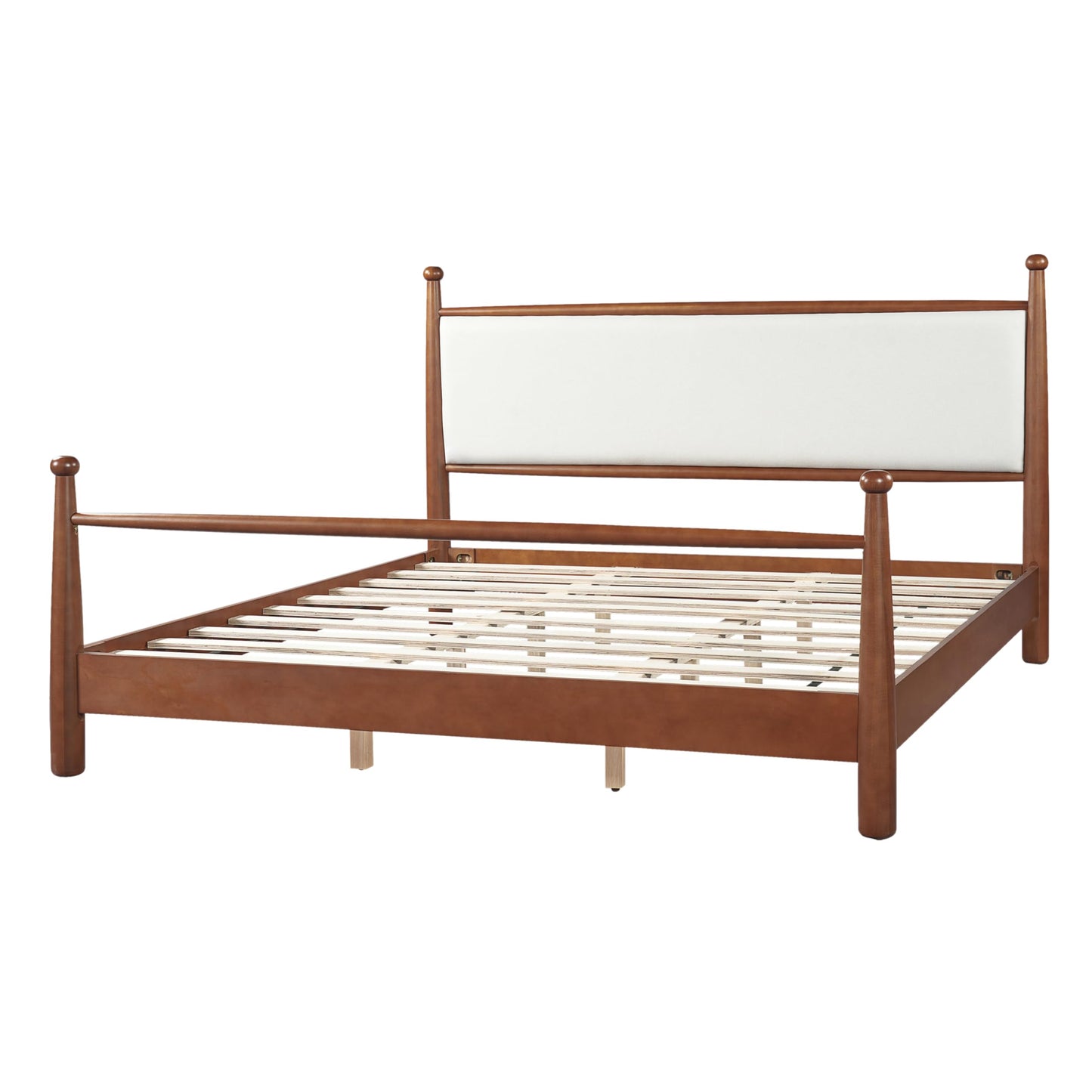Merax Modern King Size Solid Wood Platform Bed with Upholstered Headboard, Mid-Century Low Bed Frame with Sturdy Wood Legs/No Box Spring Needed/Easy Assembly, Beige+Walnut