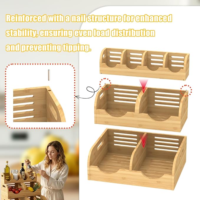 Upgraded 3 Tier Bamboo Pantry Storage Bins,Large potato storage With 2 Banana Hangers,Stackable Potato and Onion Storage Bin with Airflow Vent, Pantry Baskets, Vegetable Storage,for Kitchen Countertop