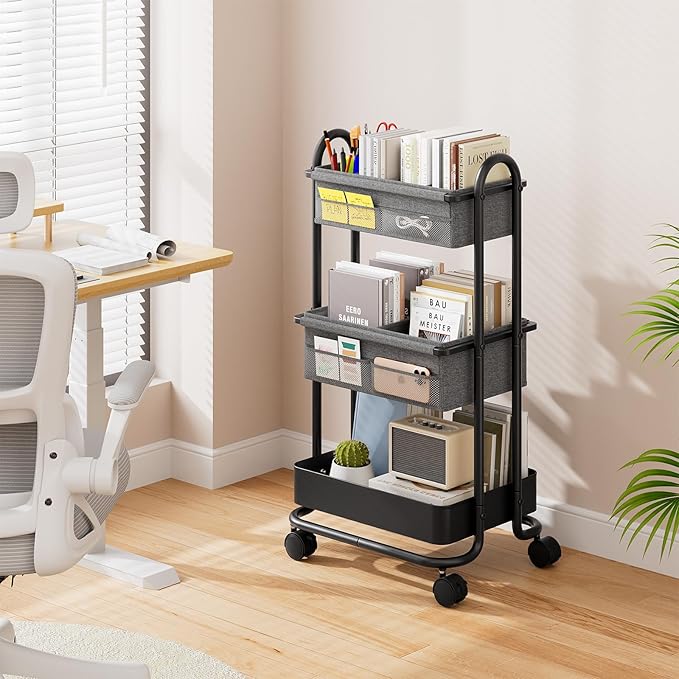 Modanais Baby Diaper Caddy Organizer Cart - 3 Tier Rolling Storage Cart with Wheels, Baby Essentials for Nursery Storage, Detachable Dividers - for Crib, Bedroom, Art & Craft Organizer (Black)
