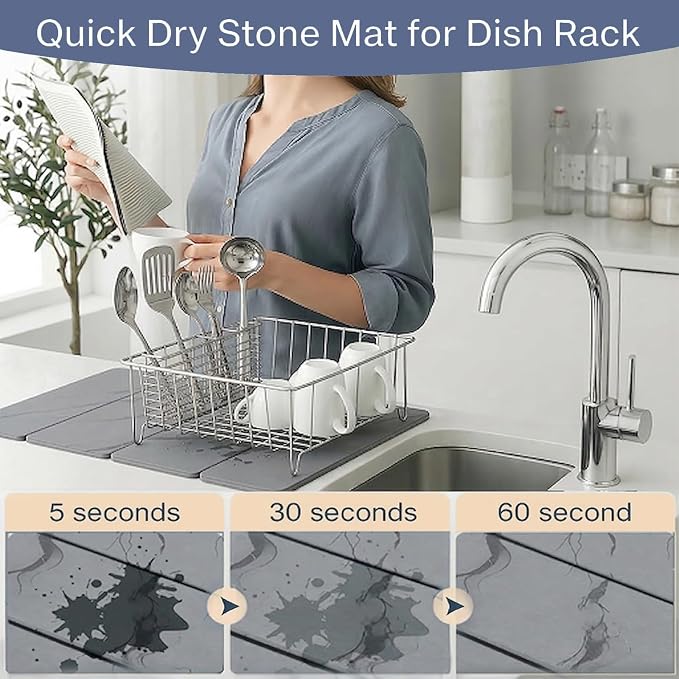Stone Drying Mat for Kitchen Counter,24"×16" Diatomaceous Earth Dish Drying Mat, Absorbent Drying Stone Mat for Modern Kitchen Countertop (Light Gray, Large)