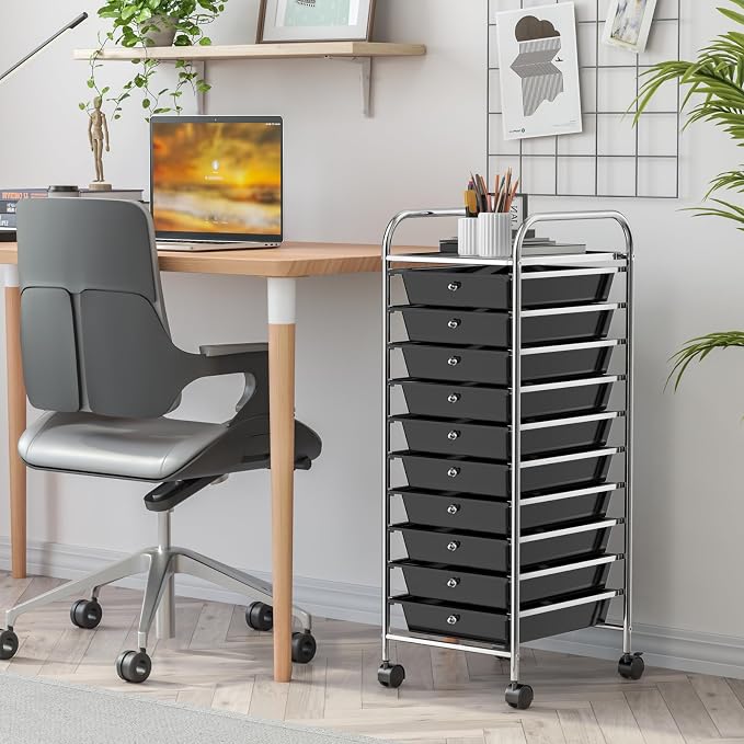 MEDIMALL 10 Drawers Rolling Storage Cart, Multipurpose Craft Storage Cart with Wheels, Mobile Tools Scrapbook Paper Organizer Cart for Office School Home Use (Black)