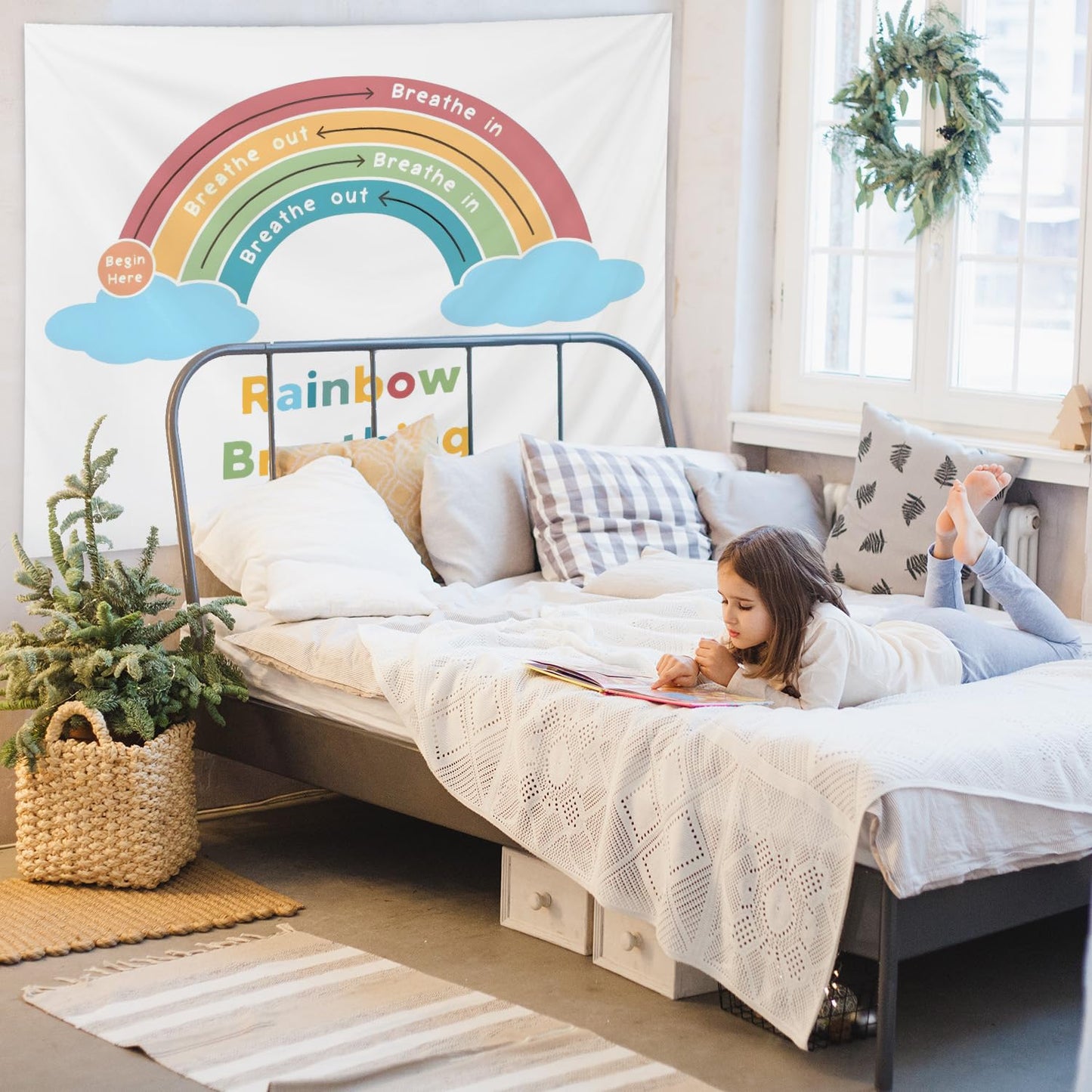 CIOJUNE Boho Rainbow Mental Health Tapestry, Rainbow Breathing Tapestries Wall Hanging for Classroom, Anxiety Relief Tapestry Wall Decor Backdrop for Calming Corner School Counselor Office, 50x60 Inch