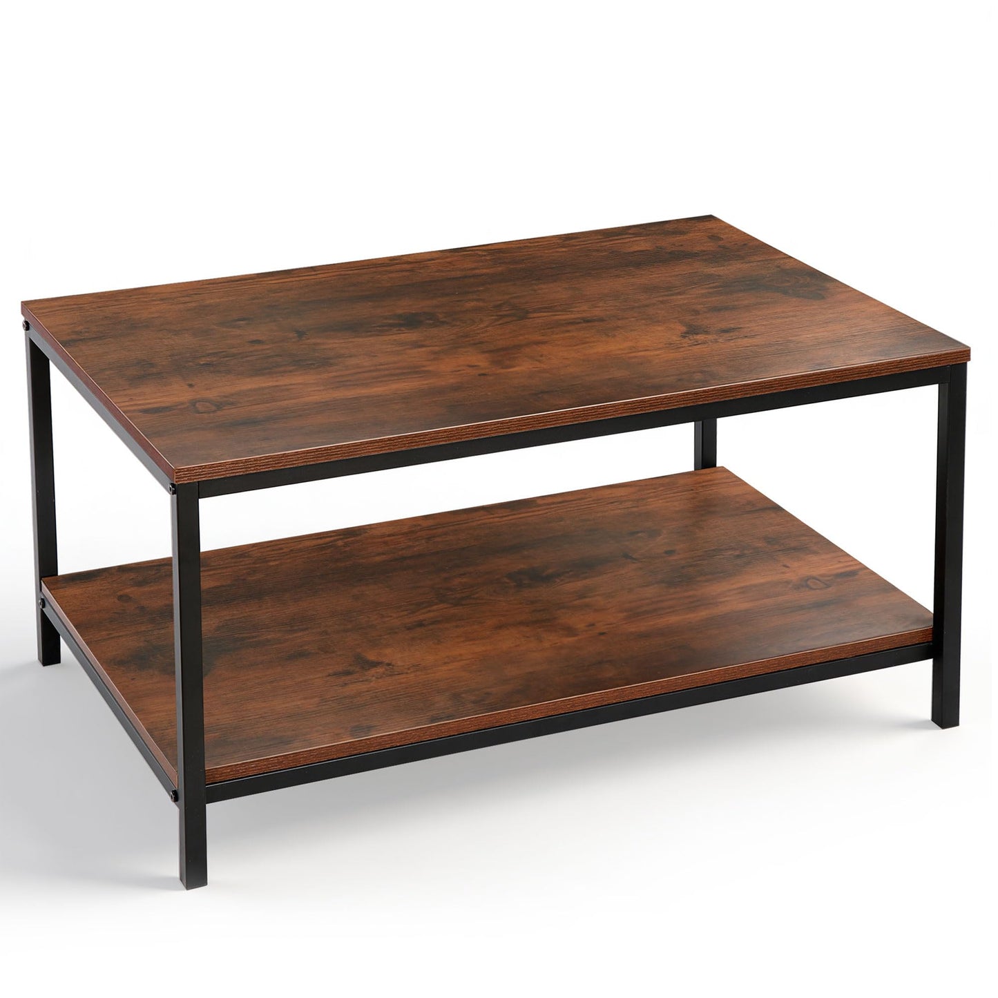 SUPER DEAL 2-Tier Industrial Coffee Table with Storage Shelf for Small Apartment Living Room, Rectangle Wood and Stable Metal TV Stand Side End Table, Rustic Brown