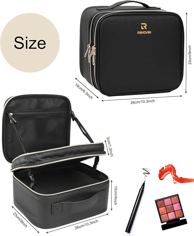 Chomeiu Makeup Bag with LED Mirror, 2 Layer Travel Makeup Case for Women and Makeup Artists Cosmetic Organizer Large Make Up Bags, 3 Color Lights, Adjustable Dividers and Brush Holder