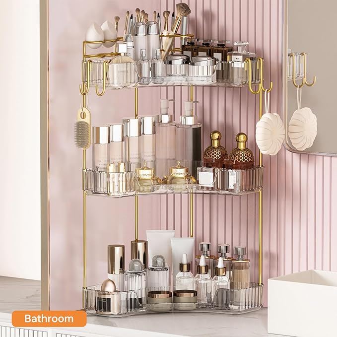 3-Tier Corner Bathroom Counter Organizer，Makeup & Skincare Shelf with Built-in Brush Holder，Space-Saving Bathroom Countertop Organizer for Skincare, Perfume, Cosmetics(Clear)