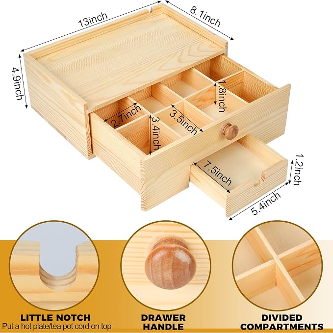 Cinnvoice Tea Bag Organizer Wood Tea Organizer Storage Box 8 Compartments Container Holder with Lid to Storage and Keep Fresh(Brown)