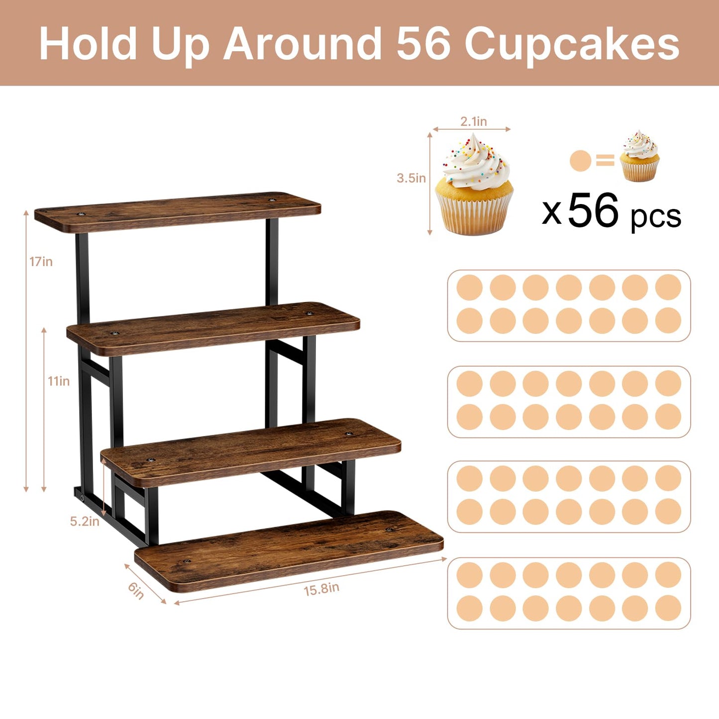 FZGhome Cupcake Stand for 50 Cupcakes 4 Tiered Tray Stand for Food Cookie Wooden Dessert Display Risers for Party Wedding Buffet Stepped Risers Display Stands for Vendor Farmers Market Display, Brown