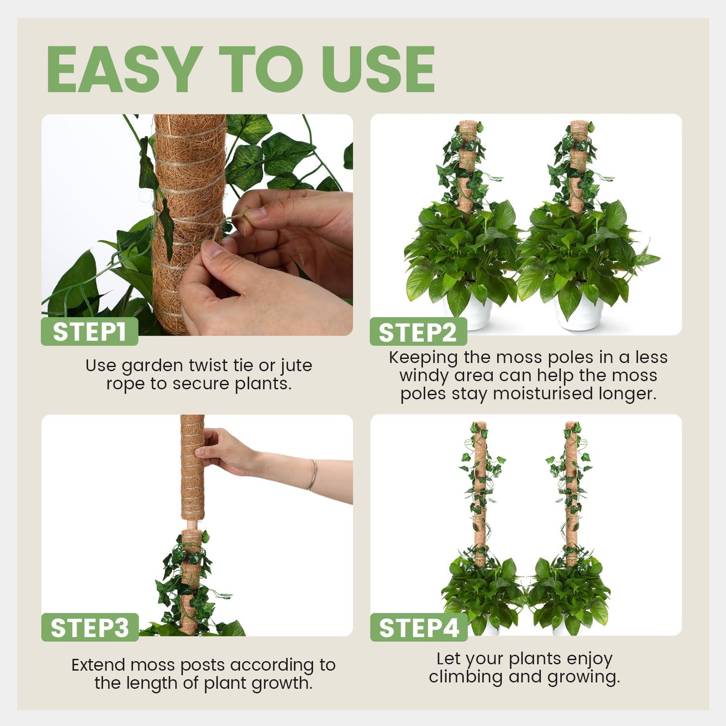 Yinder 50 Pcs Moss Pole for Plants Monstera Plant Support 16.5 Inch Coir Poles Bendable Monstera Plant Support with 10 Pcs 6.56 Feet Jute Rope and 2 Pcs 6.56 ft Garden Tape for Climbing Plants Growth