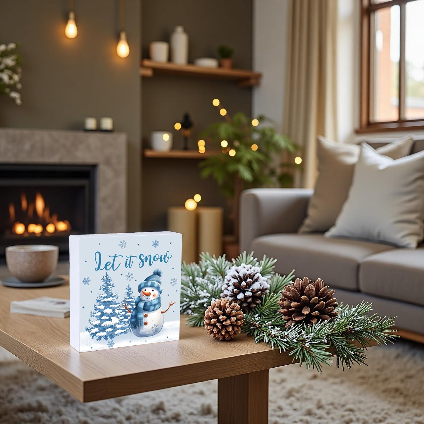 Winter Decorations Indoor Winter Decor Let It Snow Home Room Snowman Tree Office Bathroom Table Wood Box Sign Rustic Wooden Shelf Desk Decor Season Sign House Warming Gifts 5.9 x 5.9 Inch