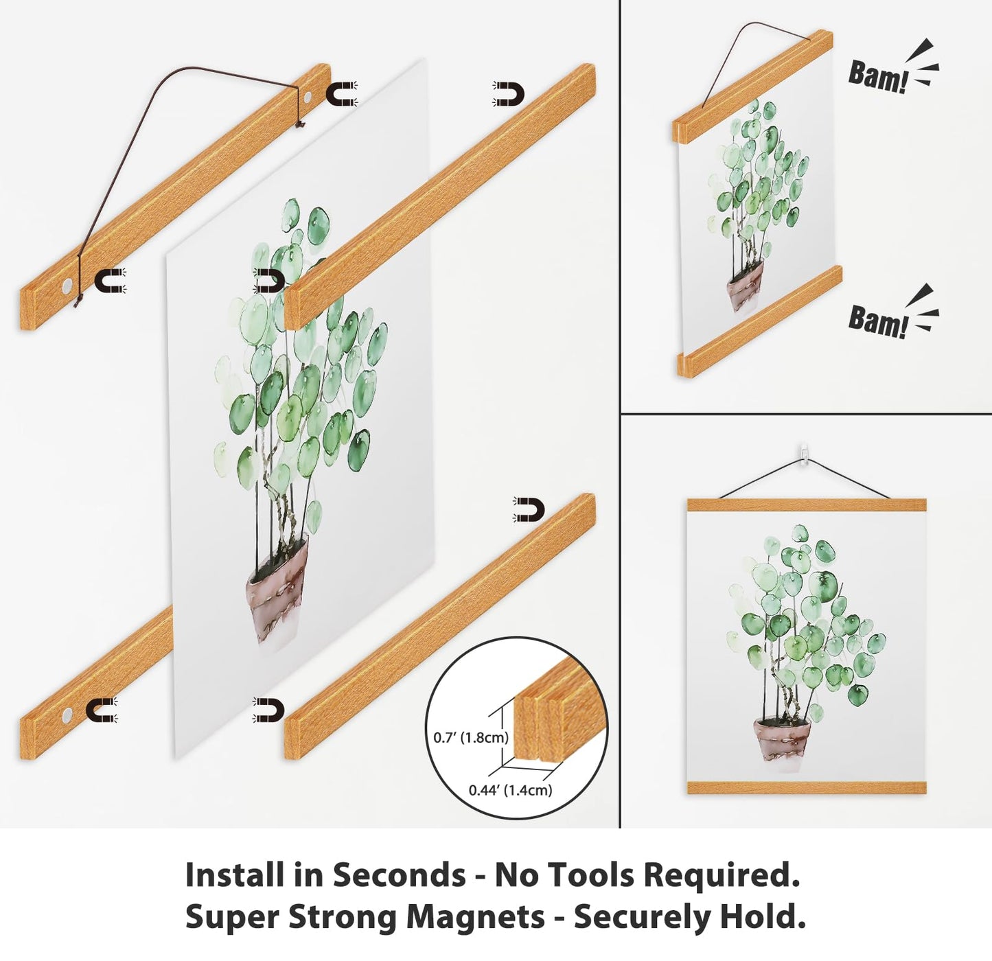 HONKKI Magnetic Poster Hanger Frame, 12 Inch, Teak Wood, Fits 12x16 12x18 12x24 Prints, N52 Magnets, Clean Wall Display for Posters, Maps, Canvas & Diamond Art