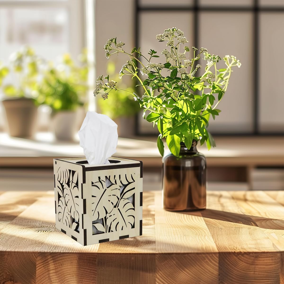 Wooden Tissue Box Cover Square,Laser Cut Decorative Cube Tissue Box Holder for Farmhouse Decor (Leaf -Pattern)