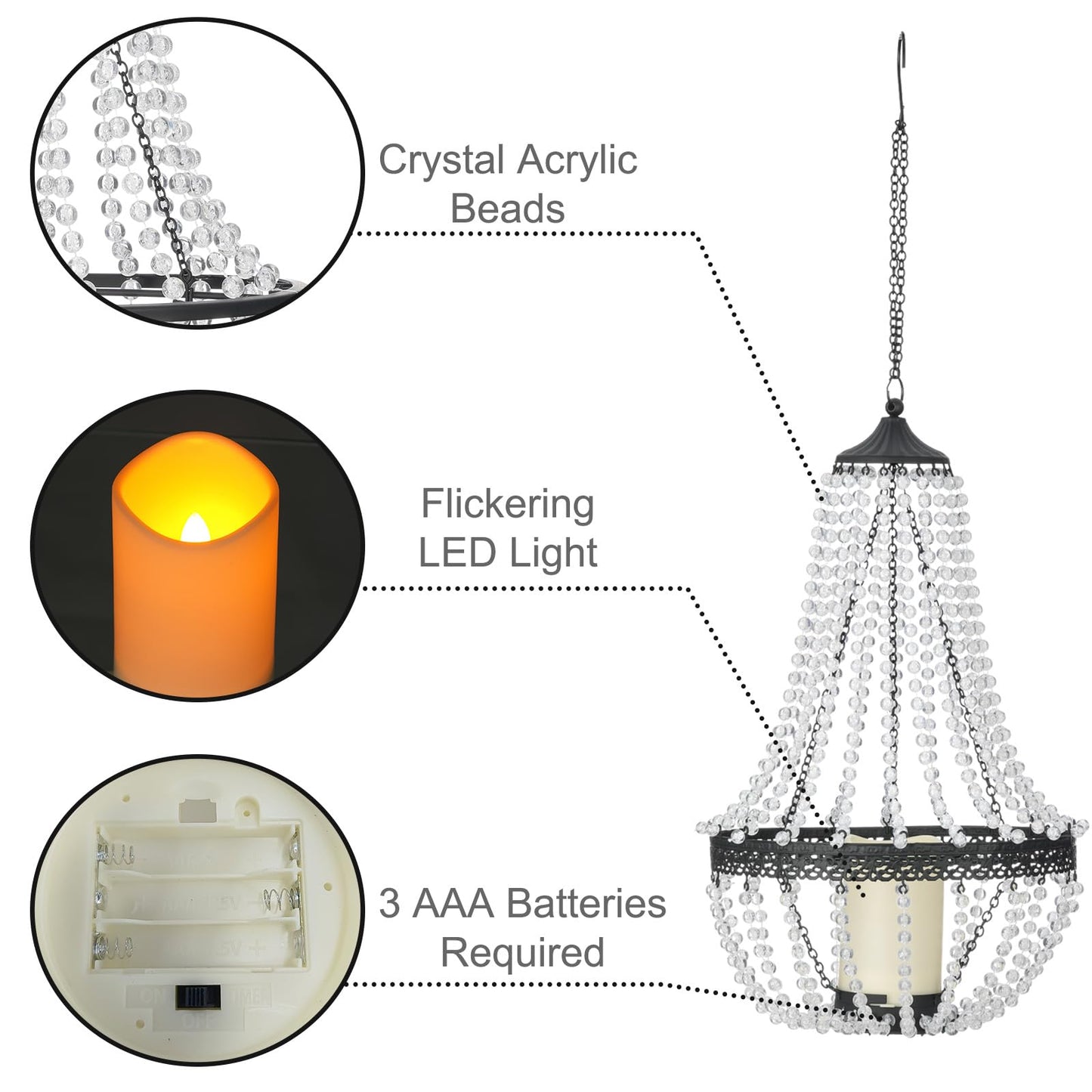 Hanging Candle Lantern Outdoor, 27” Battery Operated Modern Clear Acrylic Crystal Chandeliers with Flickering Yellow Led Candle Light S Hooks for Garden, Backyard, Gazebo, Room Indoor Indoor Decor