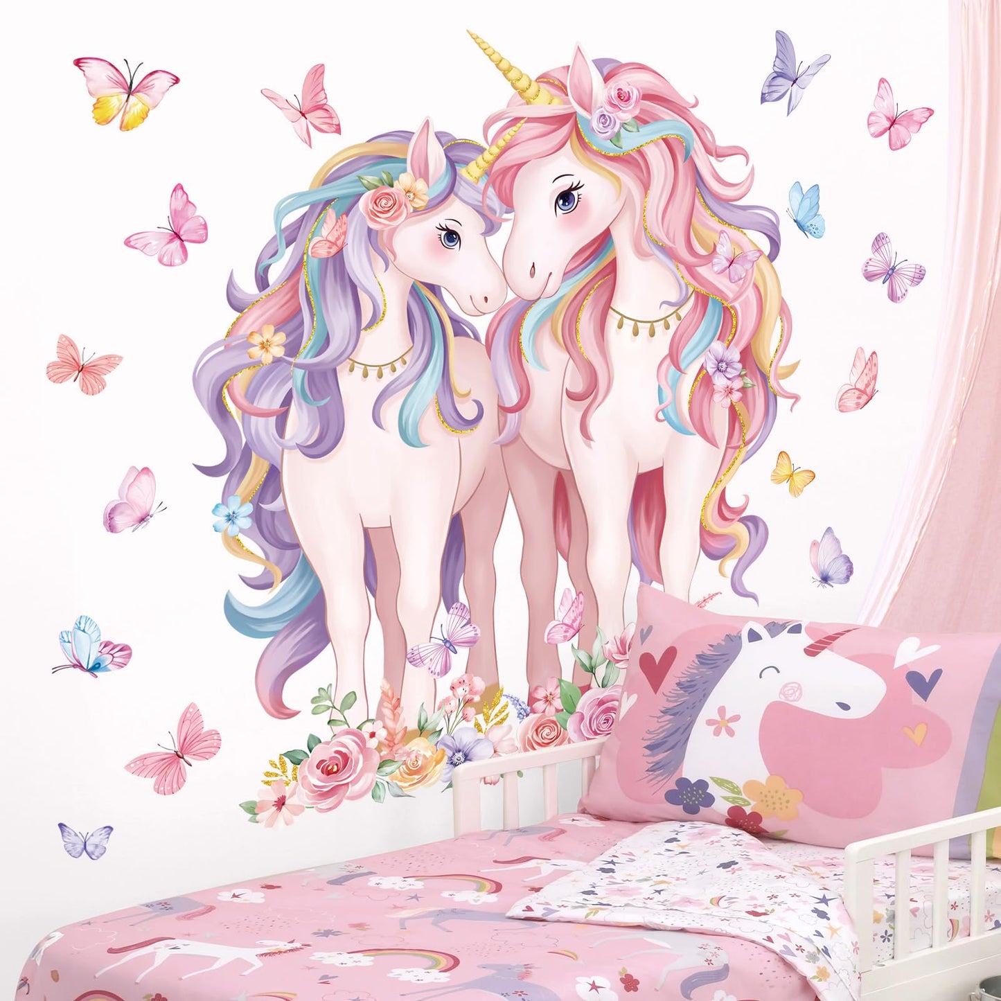 decalmile 2 Large Size Unicorn Wall Decals Unicorn Flower Butterfly Wall Stickers Baby Nursery Kids Room Girls Bedroom Wall Decor