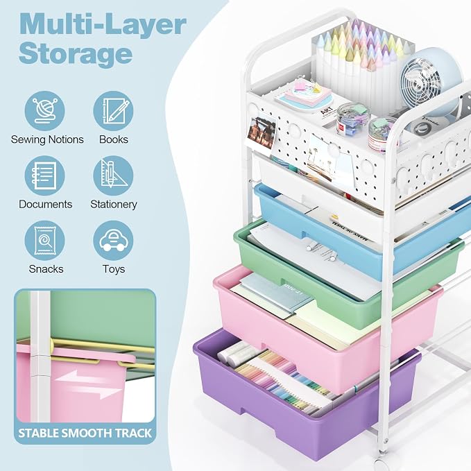 5 Drawer Rolling Storage Cart with Pegboard Top and Hooks, Mobile Organizer Cart with Wheels for Office Supplies, Craft Storage, Classroom Organization, Home Utility Cart, Ice Cream