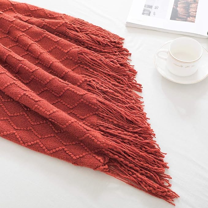 BOURINA Rust Throw Blanket 50x60 Inches Throw Textured Solid Soft Sofa Throw Couch Knitted Decorative Blanket