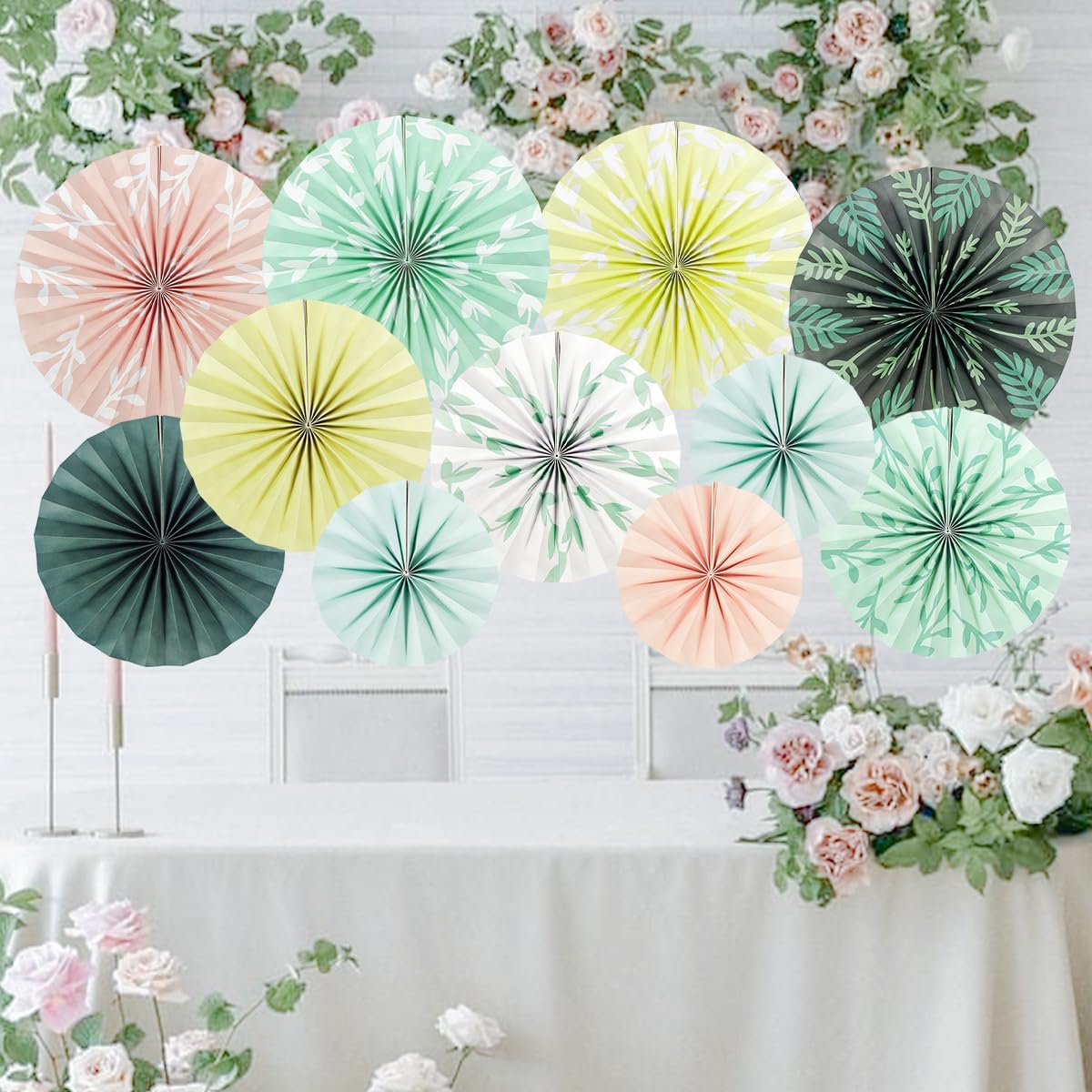 Cadpkler 11 Pcs Sage Paper Fans - Green Bohemian Ceiling Hanging - Perfect for Heme Party, Tea Party, Wedding Party Decoration