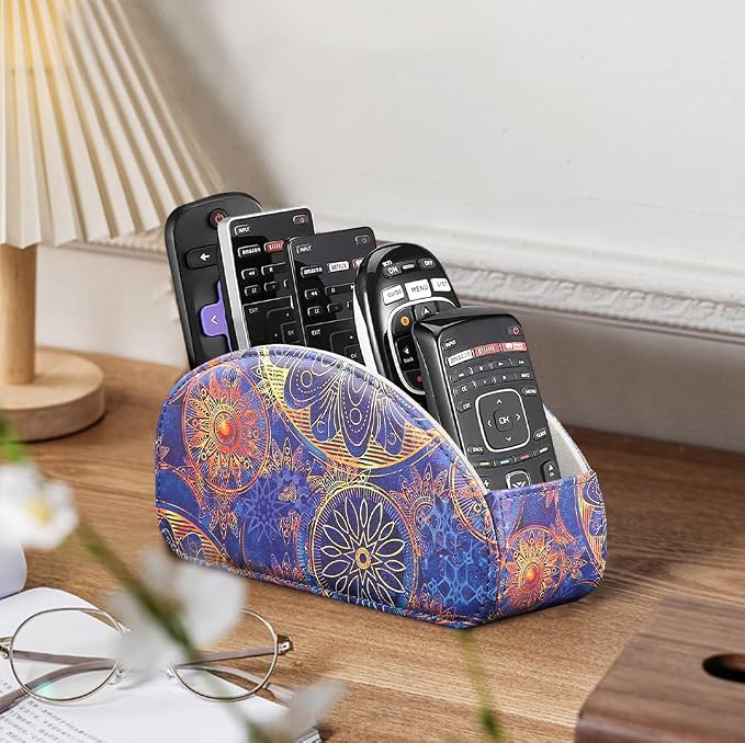 TV Remote Control Holder with 5 Compartments,Pu Leather Remote Caddy/Box/Tray Bedside Table Desk Storage Organizer for DVD, Blu-Ray, Media Player, Heater Controllers and Cosmetics Office Supplies