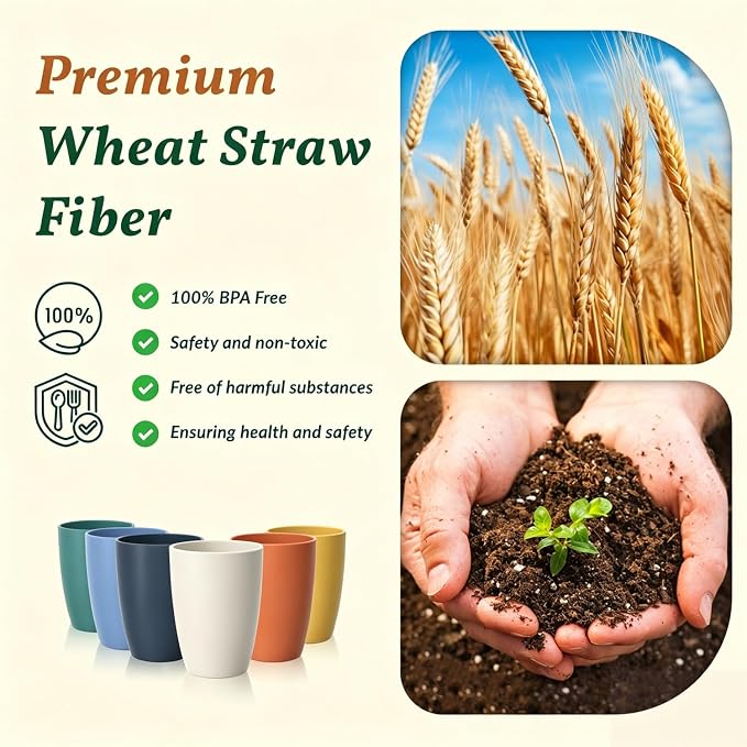 Homienly Water Cups Wheat Straw Drinking Glasses Cups 12oz Unbreakable Cups,Microwave and Dishwasher Safe Cup Set,6 PCS Stackable Cups for Kitchen,Camping-Colorful