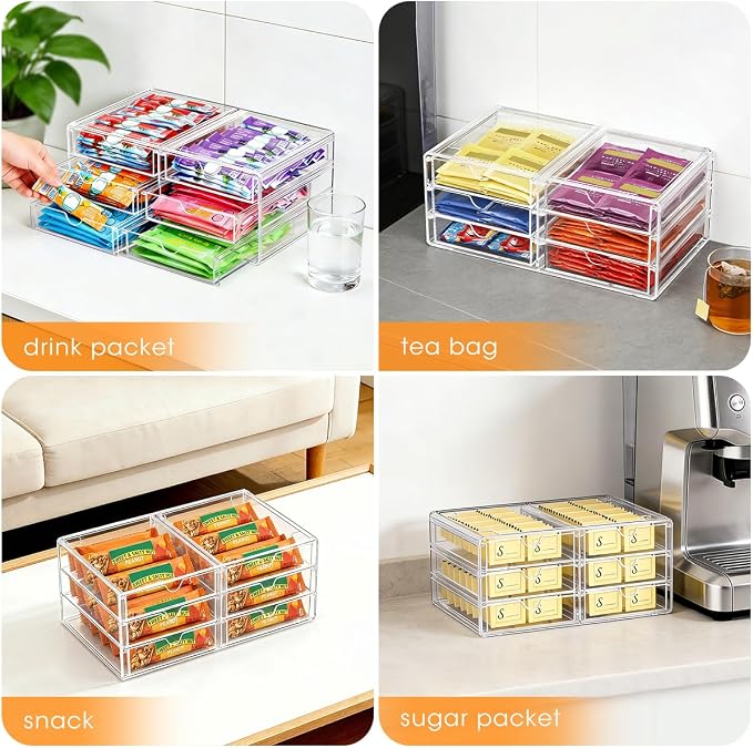 AIEVE Drink Packet Organizer, Stackable Storage Drawers for Tea Bag Organizer, Water Packet Holder with 6 Drawers Acrylic Bins for Kitchen Cabinets Pantry Office Organization