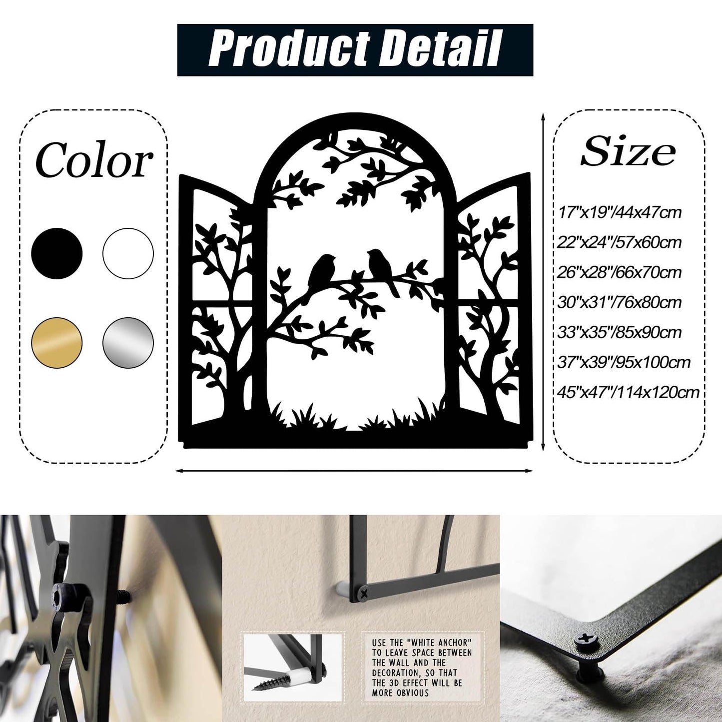 Bird Window Metal Wall Art, Bird on Branch Metal Wall Decor, Window Frame Wall Art, Birds Branch Silhouette Wall Hanging, Nature Decorations for Living Room, Hallway (Gold, 17"x19"/44x47cm)