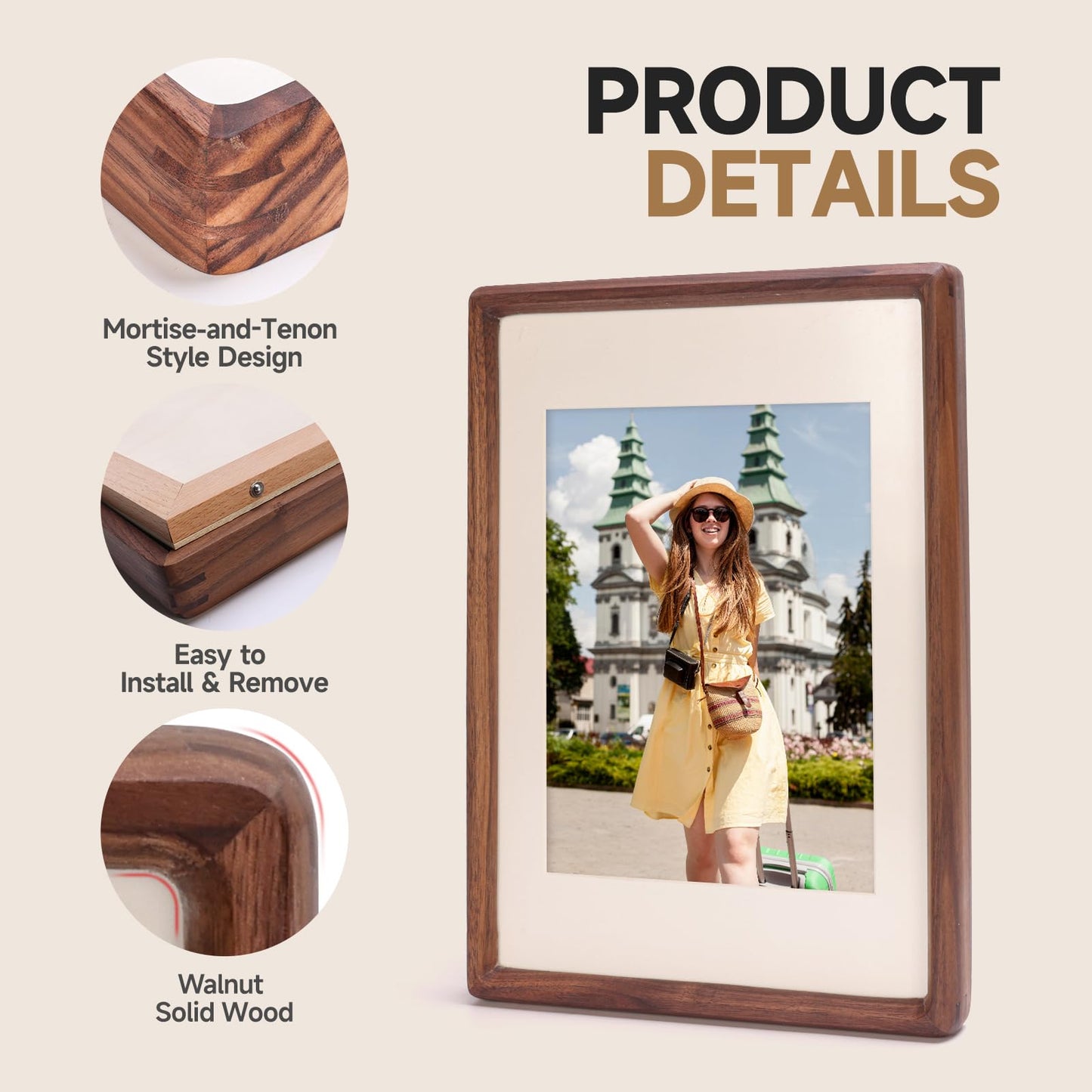 3Liangthings Solid Walnut Picture Frame 4x6 5x7, Solid Wood Tabletop Photo Frame with Decorative Joinery Corners, Horizontal or Vertical Display (Walnut, For 4x6 / 5x7 Photo)