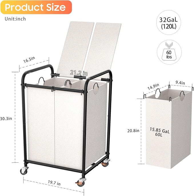 120L (31.7 Gal) Laundry Sorter 2 Section, Rolling Laundry Basket with Lockable Wheels and Lid, Laundry Hamper with 2 Separated Removable Bags Dirty Clothes Hamper for Laundry Room Organizer, White