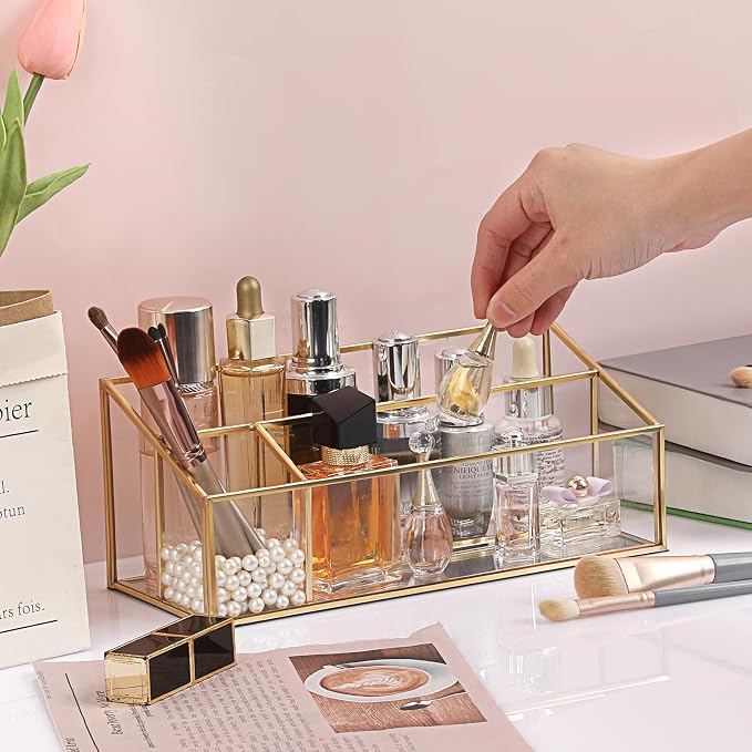 Hipiwe Makeup Organizer Countertop Cosmetic Display Case Gold Glass Vanity Storage Holder 3 Slots Dresser Bathroom Counter Organizer for Makeup Brush Lipsticks Perfume Skincare Products