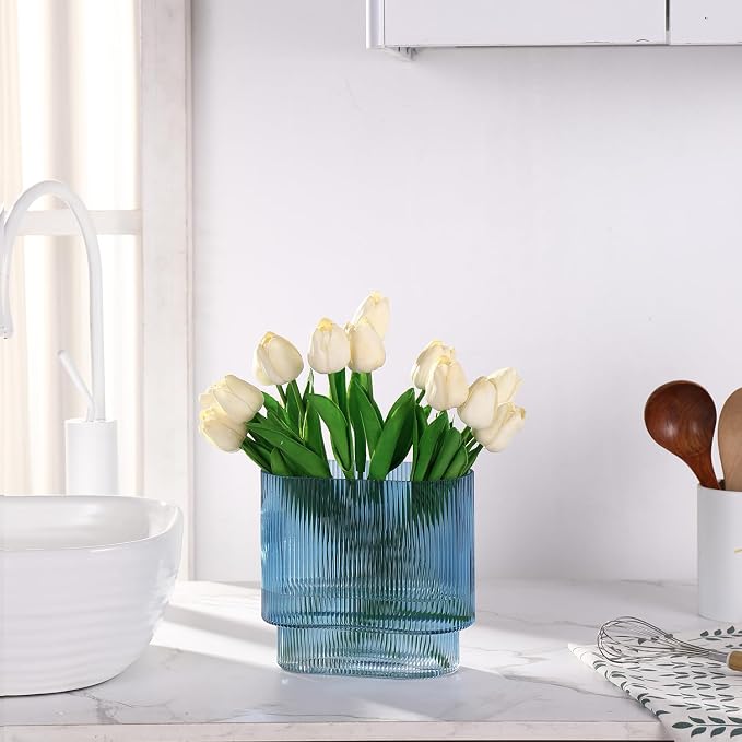 Ribbed Glass Vase, Blue Glass Vase, Fluted Short Vases for Flowers, Modern Vases for Living Room, Dining Room, Bathroom, Desk, Shelf, Wedding, Office, 7 Inches