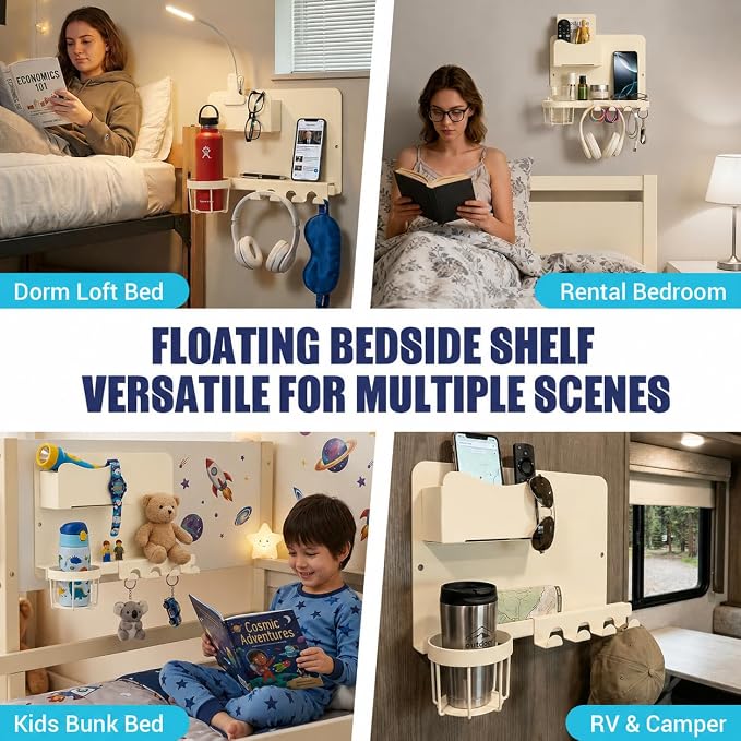 Metal Bedside Wall Shelf, Bedside Floating Shelf Wall Organizer with Detachable Cup Holder, No Drill Wall Mount for Bedroom, Dorm Room Decor, Nightstand Alternative, Bunk Bed Accessories, RV Storage
