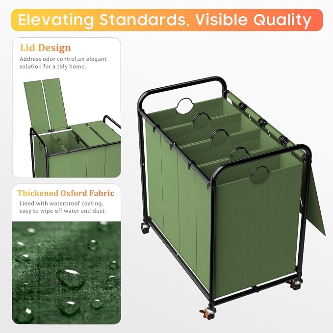 Laundry Sorter 4 Sections 48 Gal, Rolling Laundry Basket with Lockable Wheels and Lid, Laundry Hamper with 4 Separated Removable Bags Dirty Clothes Hamper for Laundry Room Organizer, Green