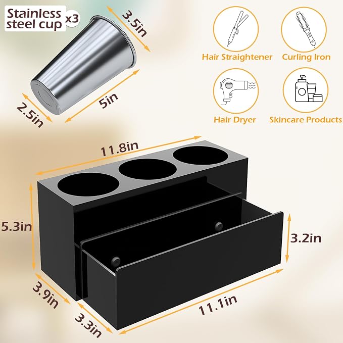 Hair Tool Organizer, Removable Blow Dryer Holder for Bathroom, Hot Tools Organizer For Hair Dryer, Blow Dryer, Curling Iron, Hair Straightener, Bathroom Countertop Organizer, Glossy Black