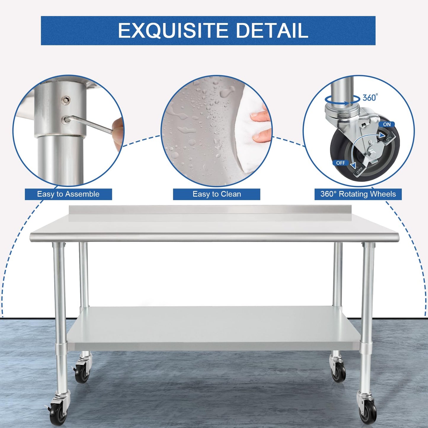 HARDURA Stainless Steel Table 30 x 60 Inches with Wheels Casters NSF Heavy Duty Commercial Prep Table with 2” Backsplash and Adjustable Undershelf for Restaurant Kitchen Home and Hotel