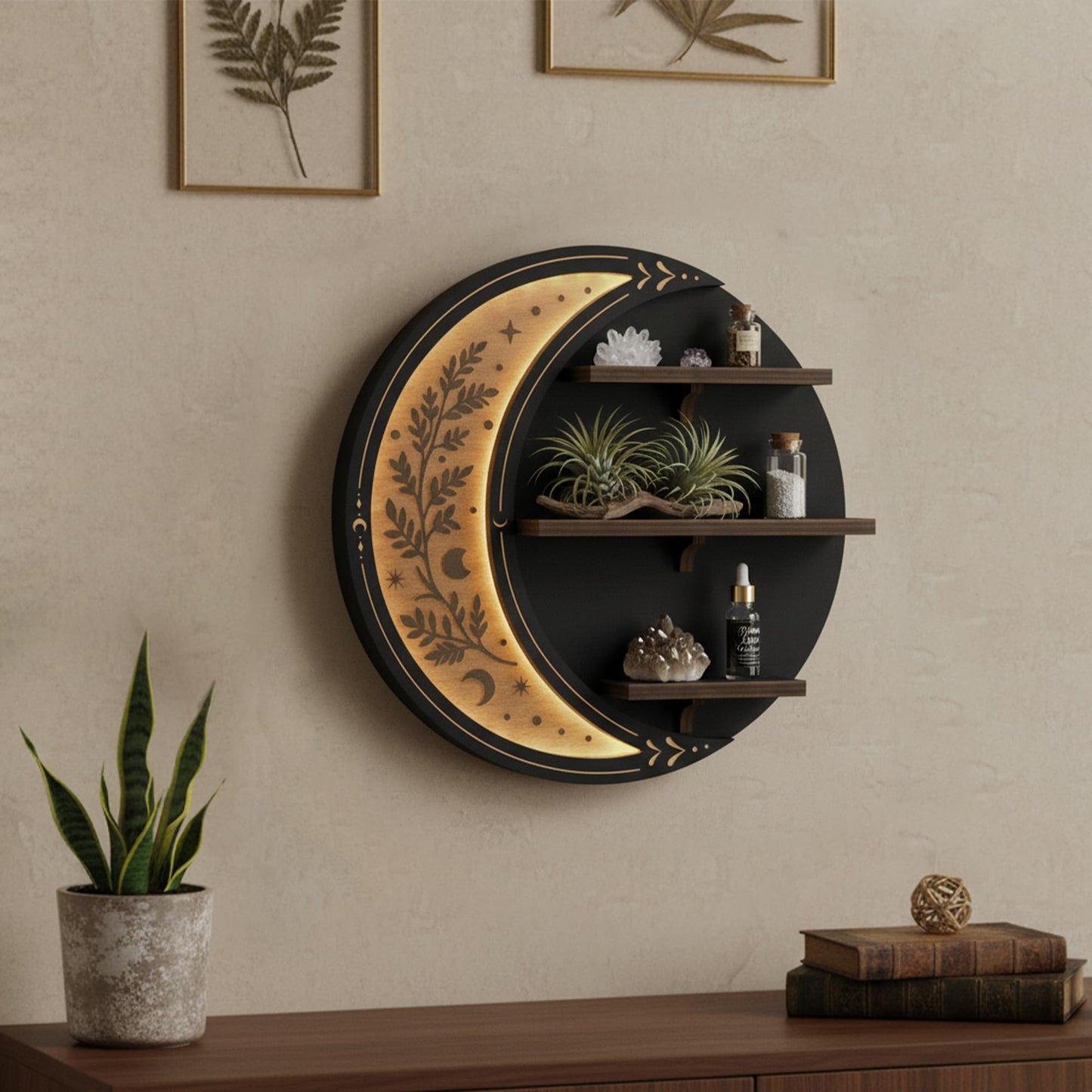 FNYDOX Wall Shelves for Bedroom, Crescent Moon Shelf with LED Light, Witchy Whimsical Celestial Room Decor Aesthetic, Wooden Floating Shelf for Trinket Knick Knack Crystal Rock Gem Essential Oils