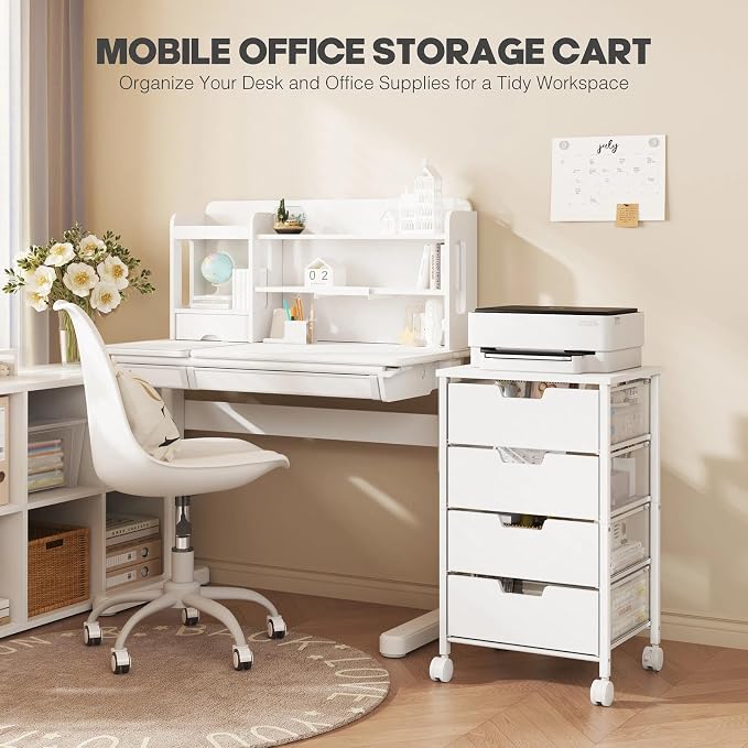 Rolling Cart with Drawers, Wooden Top and Front, with Wheels Metal Under Desk Storage Cart with 4 Drawers, for Office, Bedroom, Classroom, Home, White