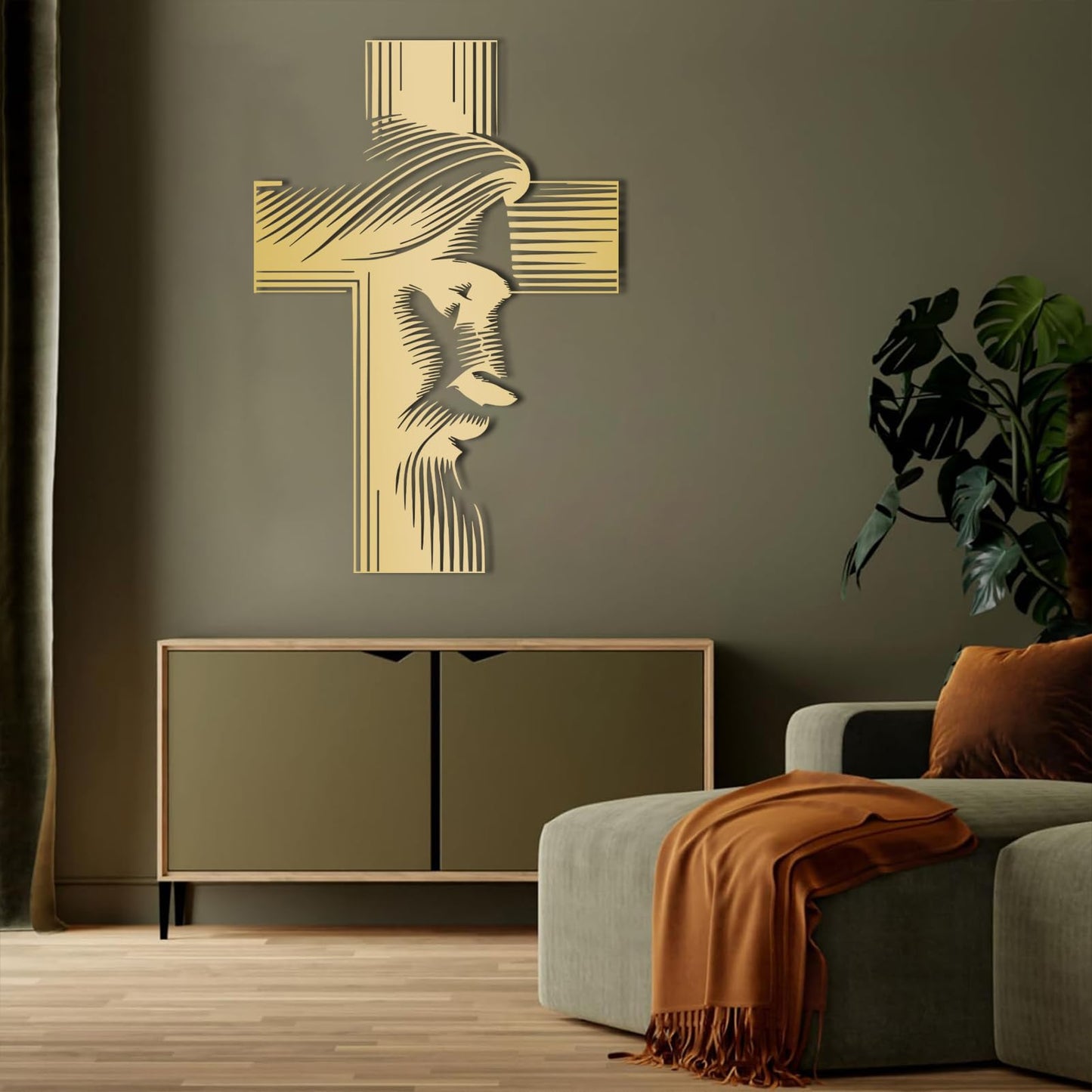 Metal Jesus Cross Wall Decor, Modern Christian Wall Art Sign, Black Metal Religious Hanging for Home Office Prayer Room, Framed Wall Decoration Ready to Hang (Gold, 35x24in|90x62cm)