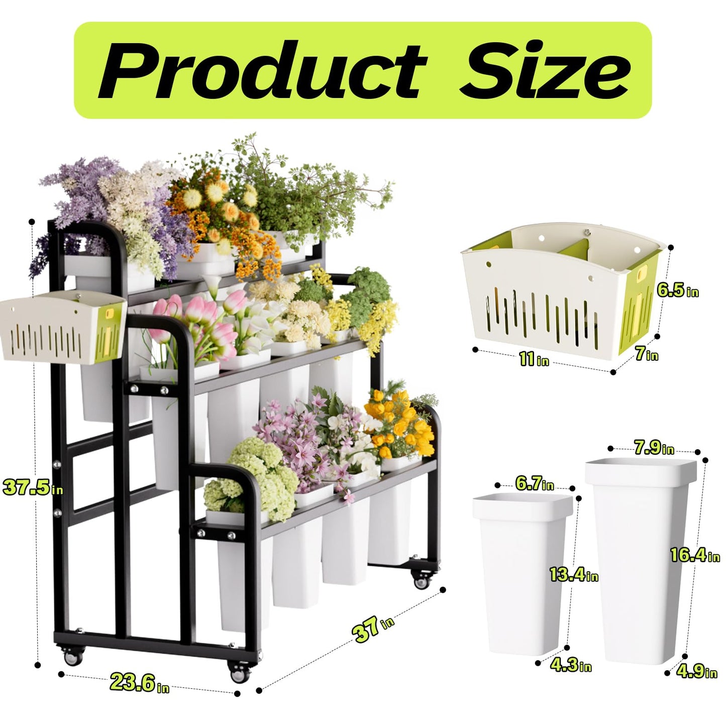 GVRVHJS Heavy Duty 3-Layer Metal Flower Display Stand, 11-Bucket Flower Bar with Tool Basket, Thickened Frame & 360° Swivel Wheels, Flower Cart for Patio, Garden, Florist, Wedding & Party (Black)