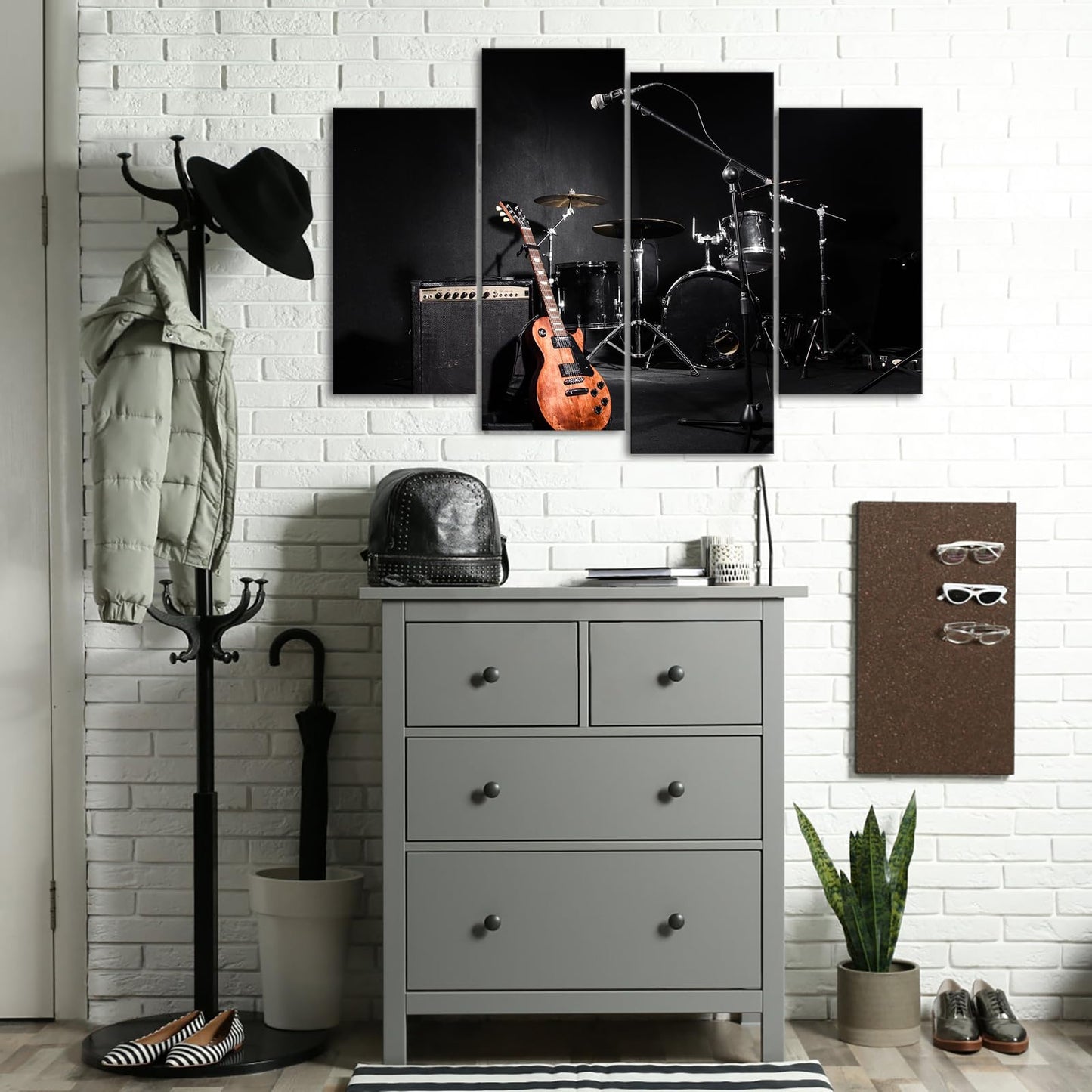 Canvbay 4 Piece Music Wall Art Rock Band Guitar Shelf Drum Set Picture Prints on Canvas Musical Instrument in Black Background Modern Artwork Decor for Living Room Bedroom Man Cave Home Studio