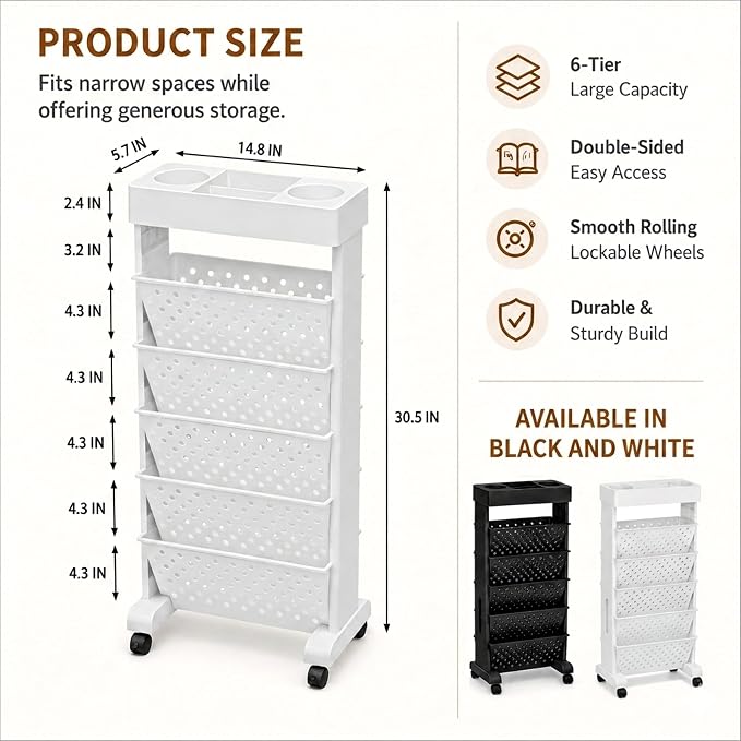6-Tier Bookshelf, Book Storage Organization with Wheels Mobile Rolling Bookshelves Cart for Home Office Kids’ Study Room School, White