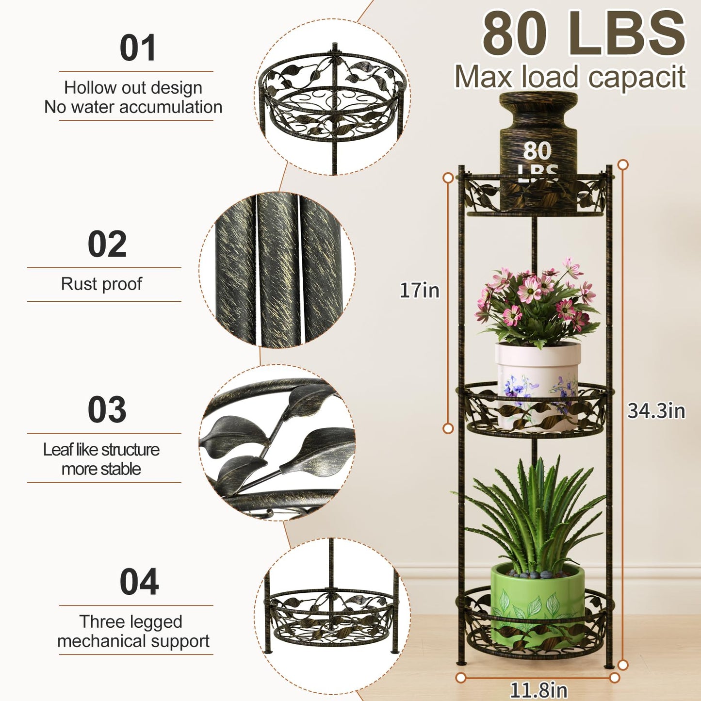 Kaelidra Plant Stand, Metal Plant Stand for Indoor Outdoor, Heavy Duty Tall 3 Tiers Plant Shelf for Multiple Plants Pots, Flower Pot Stand for Home, Patio & Garden (Copper)