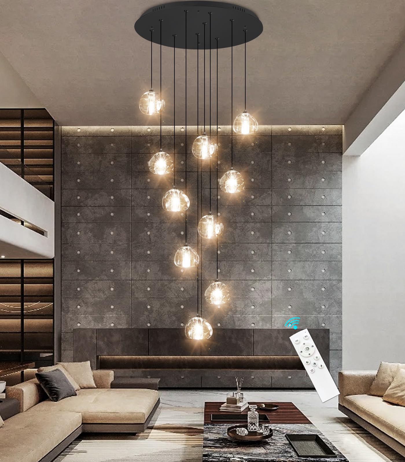 HAIXIANG LED Chandeliers for Dining Room Adjust High Ceiling Chandelier Light Fixtures Entrance LED Dimmable Ceiling Pendant Drops Light Remote Lights for Living Room Stairwell 2700K 6000K
