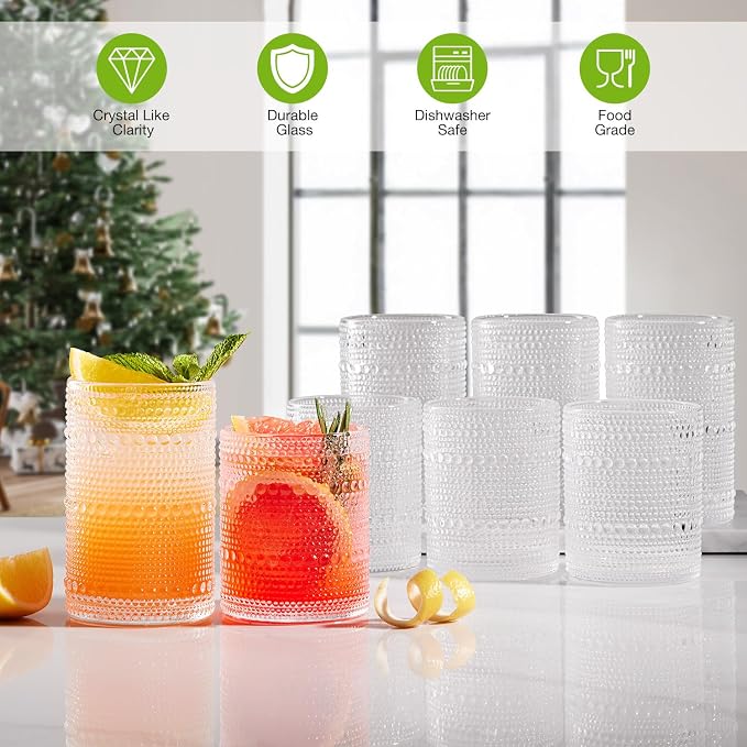 LUNA & MANTHA Drinking Water Glasses Set, Lead-Free Crystal Highball Glass, Tall Glass Cups for Cocktail Parties,Hobnail set of 8,15oz&12oz