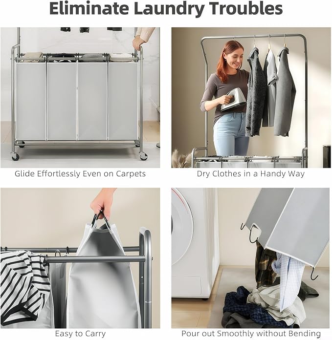 ROMOON Laundry Hamper Sorter Cart: 4 Section Organizer with Hanging Bar and Heavy-duty Lockable Wheels | 180L Rolling Laundry Basket with Clothes Rack in Laundry Room or Small Spaces (Grey)