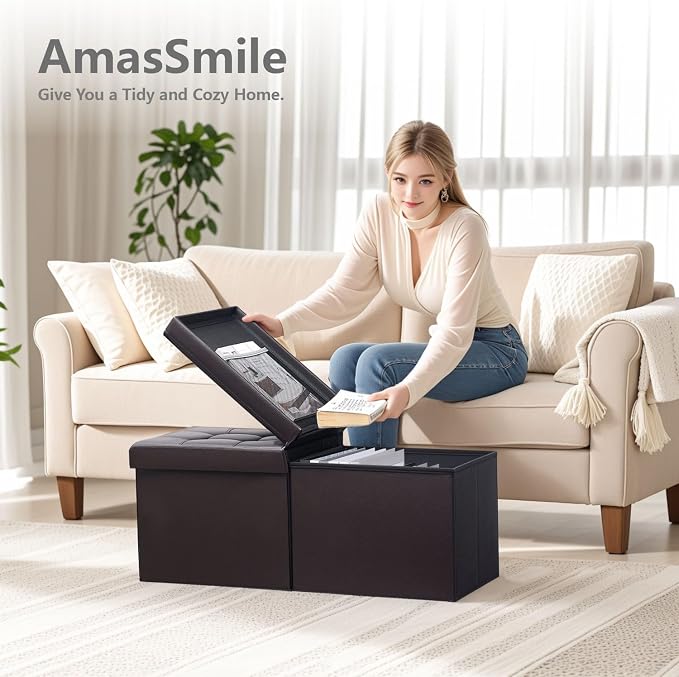 AmasSmile Footrest Ottoman Bench with Storage,34Inch Brown Leather Footstool, Coffee Table, Padded Seat, Storage Chest,Blanket Store with Flipping Lid for Livingroom and Bedroom