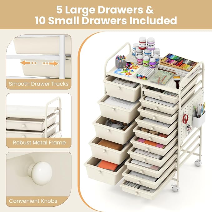 Giantex 15 Drawer Storage Cart, Rolling Craft Cart with Metal Tabletop & Pegboard, Mobile Utility Organizer Trolley with Locking Wheels, Home Office, Ivory